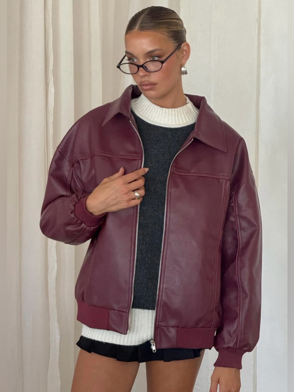 Princess Polly Goldsmith Oversized Burgundy Faux Leather Zip Front Bomber Jacket